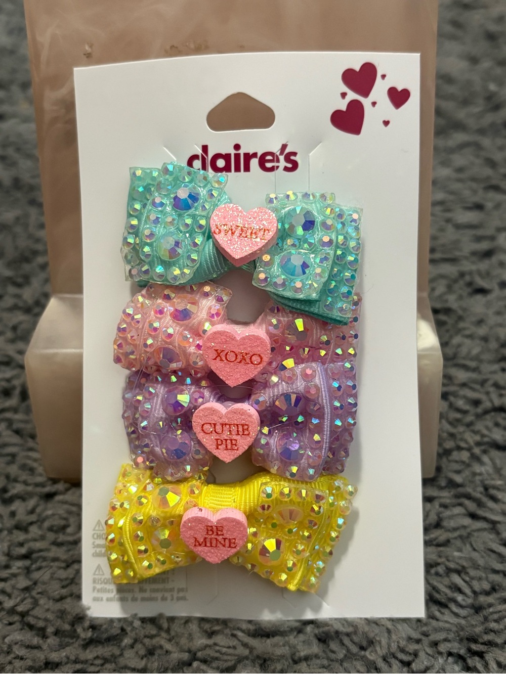 NWT Claire’s set of 4 sweetheart bows hair clips - blue, pink, purple, & yellow